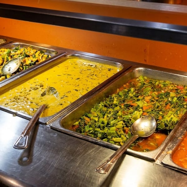 A buffet line with several metal trays filled with various colorful Indian dishes and serving spoons.