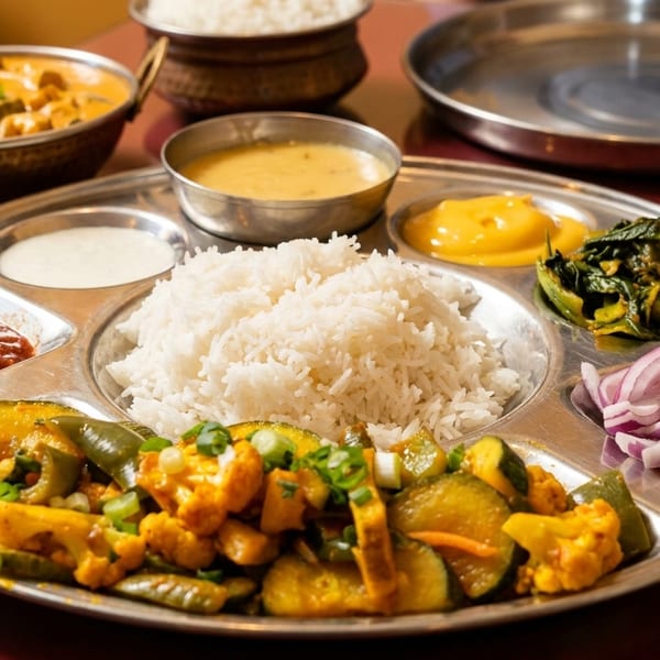 A Nepali thali with rice, curries, vegetables, sauces, and lemon on a metal platter.
